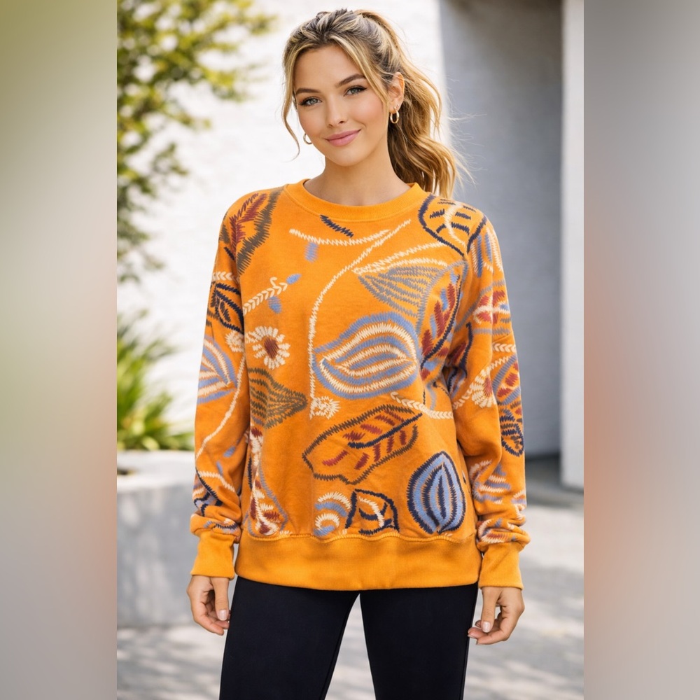 J.NNA Orange Leaf Print Cozy Sweatshirt | Size L